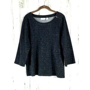 Weekends By Chicos Top Size 2 Large Black‎ Speckled Metallic French Terry Zipper